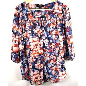 Nine West Womens V Neck Tunic Blouse Abstract Floral Print Womens L Boho Peasant